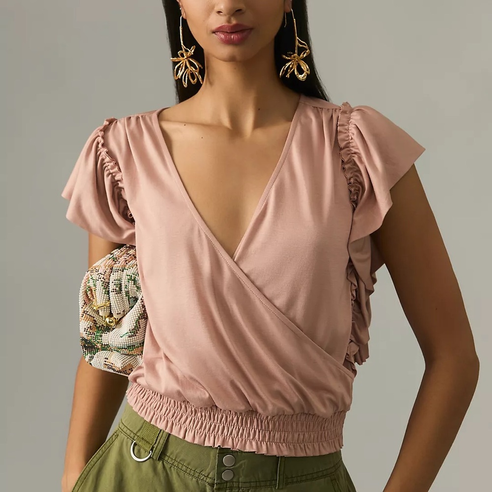 By Anthropologie Silky Deep V-Neck Top - Pale Pink - Small - NWT